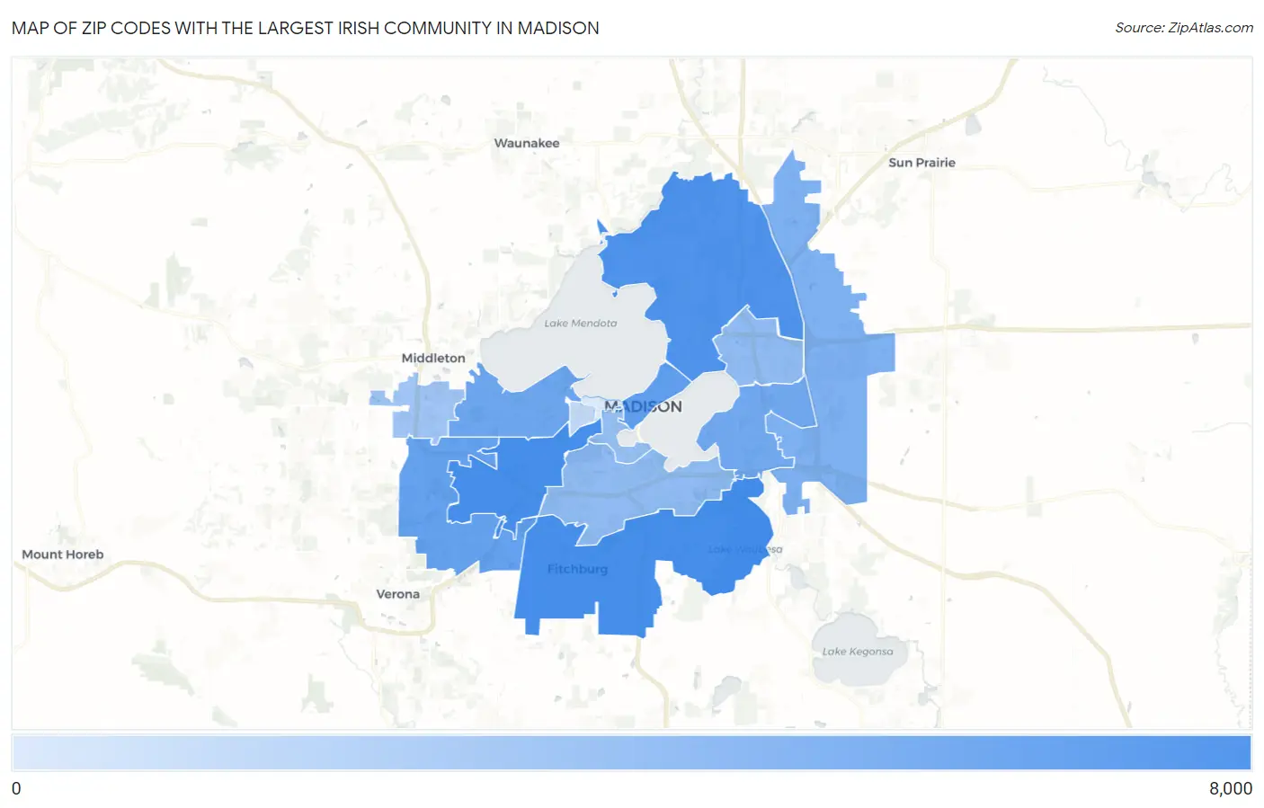 Zip Codes with the Largest Irish Community in Madison Map