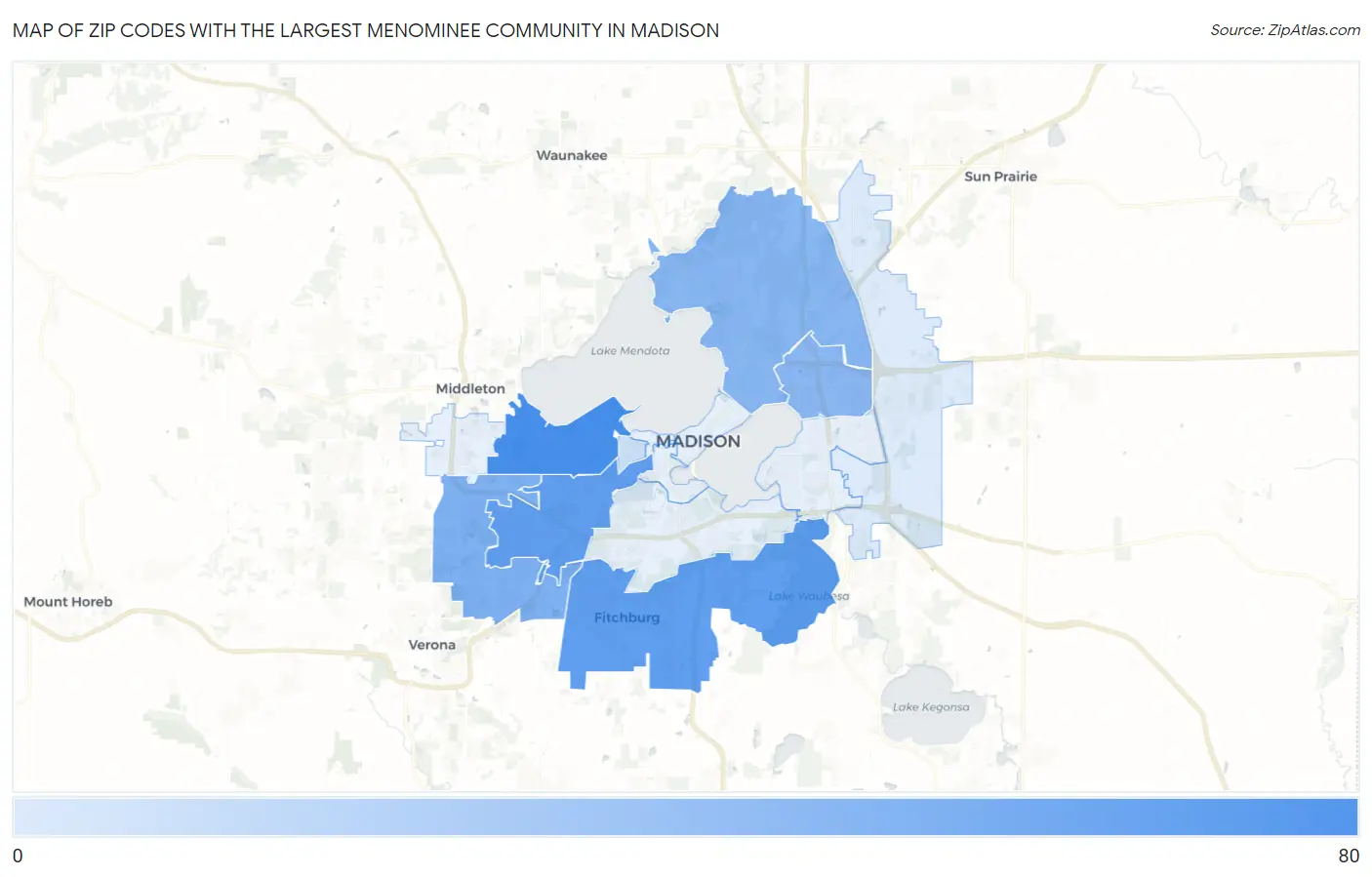 Zip Codes with the Largest Menominee Community in Madison Map