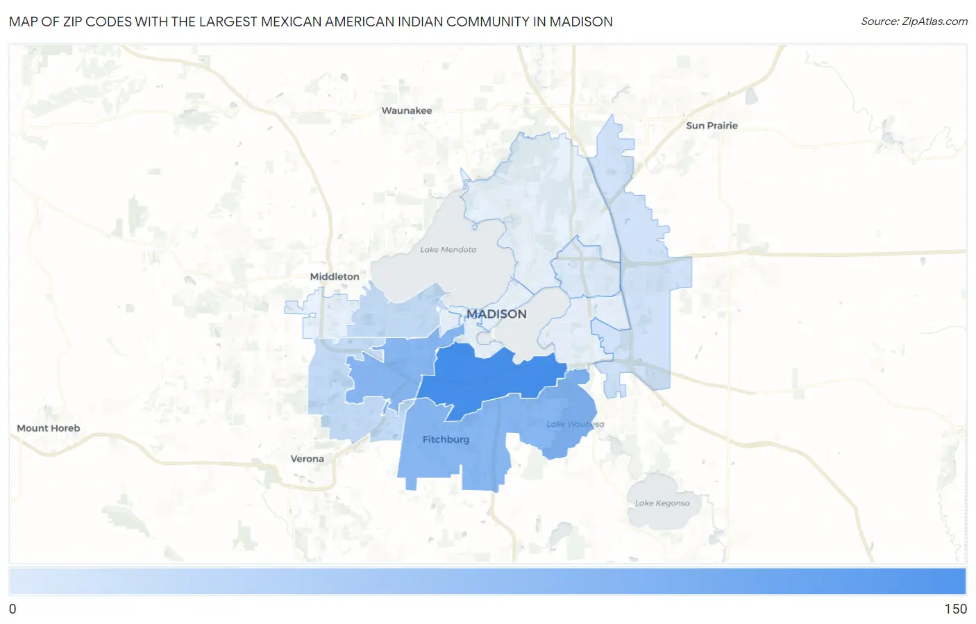 Zip Codes with the Largest Mexican American Indian Community in Madison Map