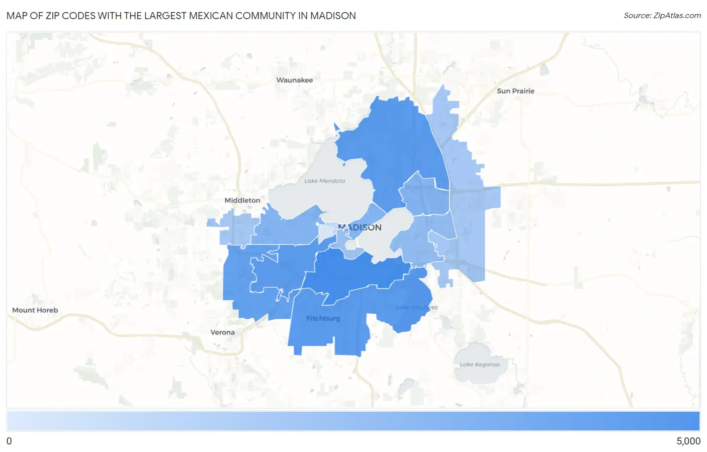 Zip Codes with the Largest Mexican Community in Madison Map