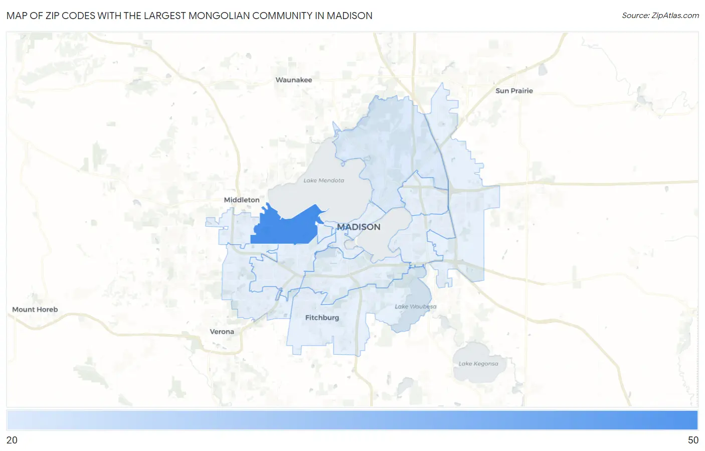 Zip Codes with the Largest Mongolian Community in Madison Map
