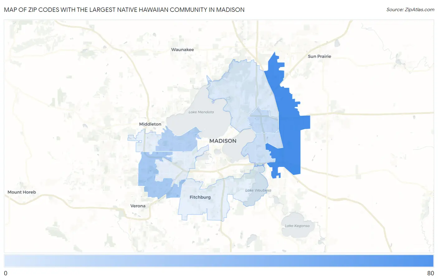 Zip Codes with the Largest Native Hawaiian Community in Madison Map