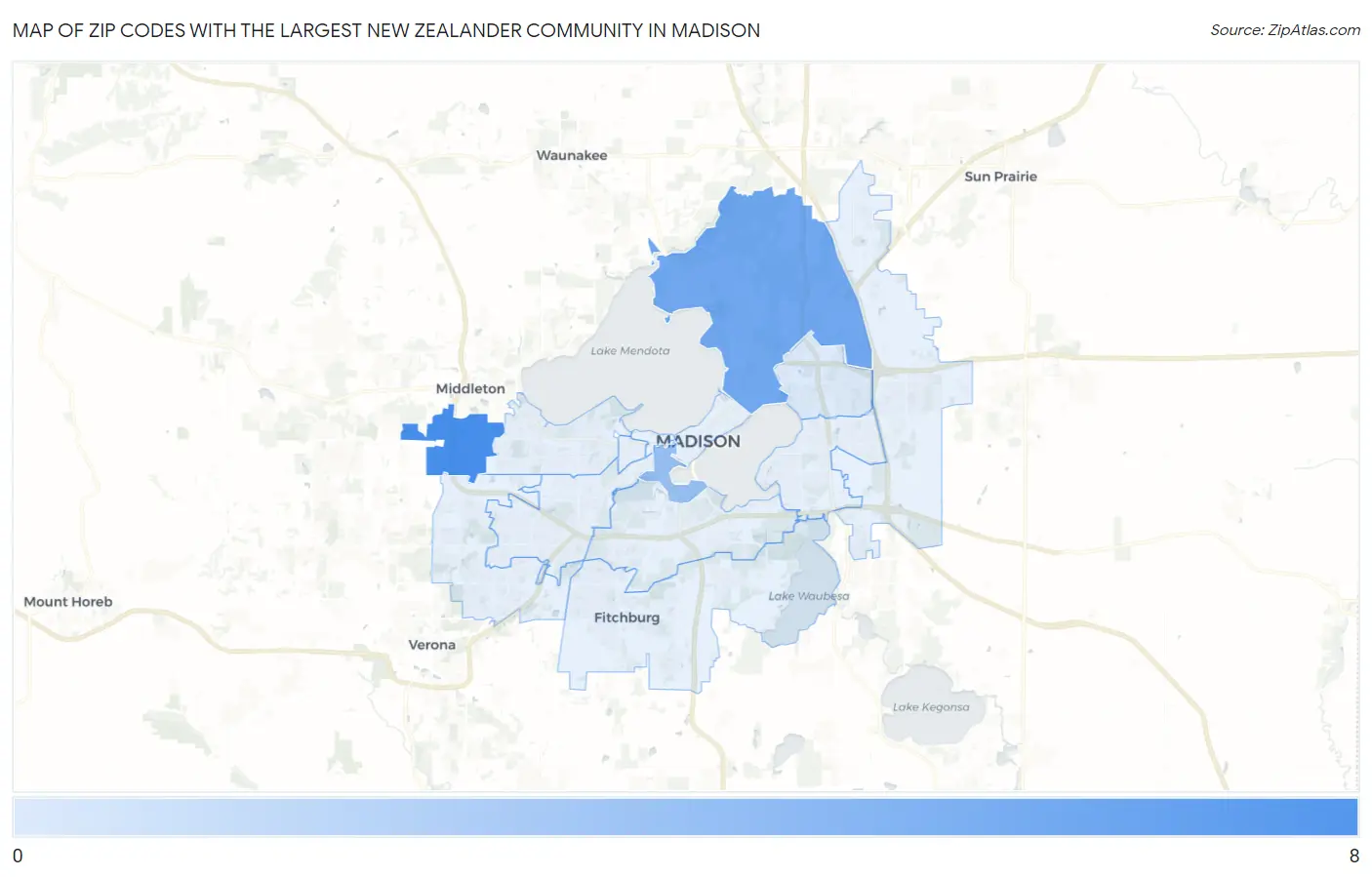Zip Codes with the Largest New Zealander Community in Madison Map