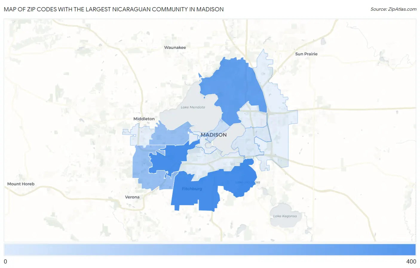 Zip Codes with the Largest Nicaraguan Community in Madison Map