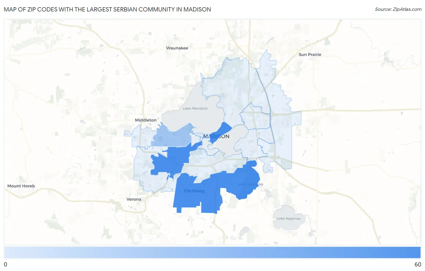 Zip Codes with the Largest Serbian Community in Madison Map