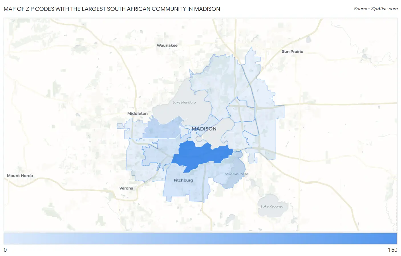 Zip Codes with the Largest South African Community in Madison Map