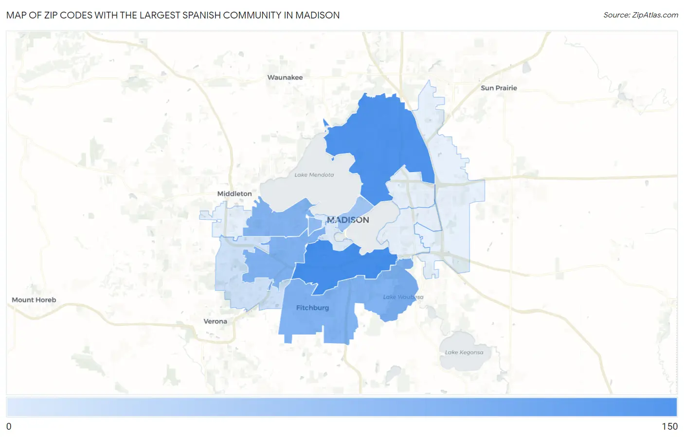 Zip Codes with the Largest Spanish Community in Madison Map