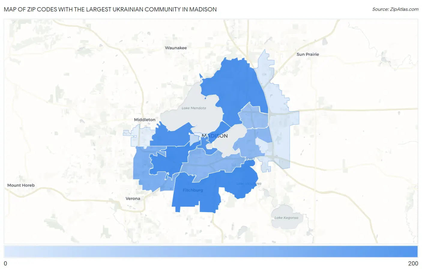 Zip Codes with the Largest Ukrainian Community in Madison Map