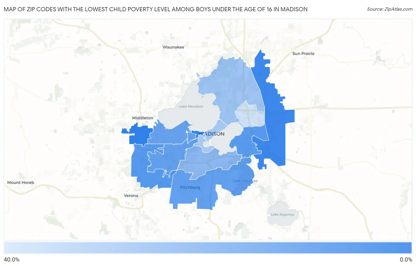 Zip Codes with the Lowest Child Poverty Level Among Boys Under the Age of 16 in Madison Map