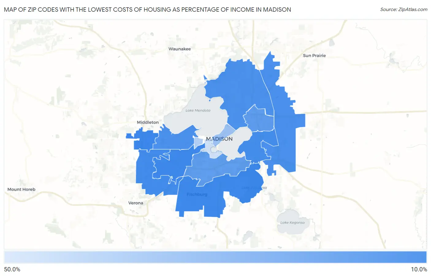 Zip Codes with the Lowest Costs of Housing as Percentage of Income in Madison Map