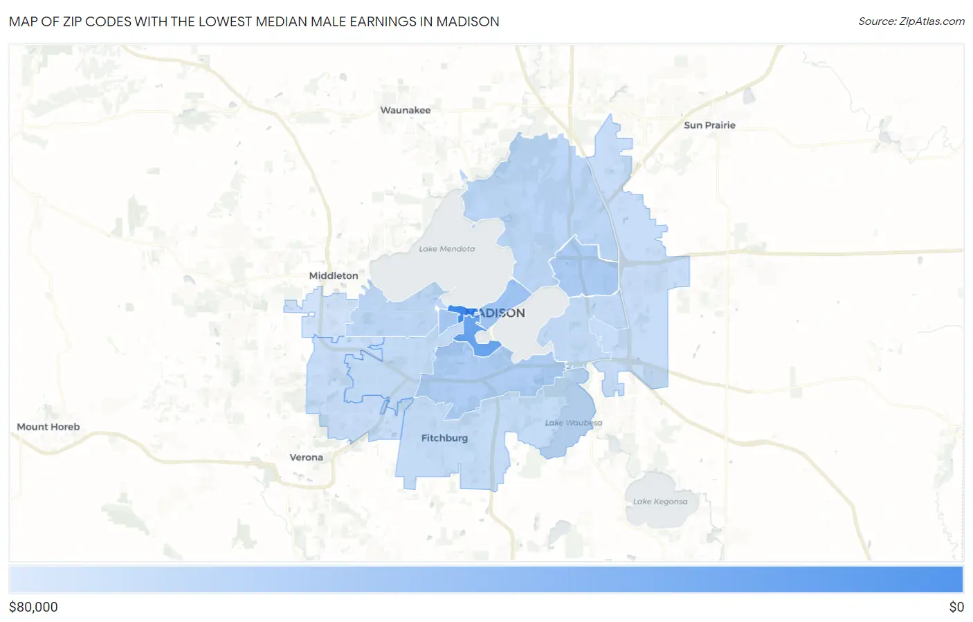 Zip Codes with the Lowest Median Male Earnings in Madison Map