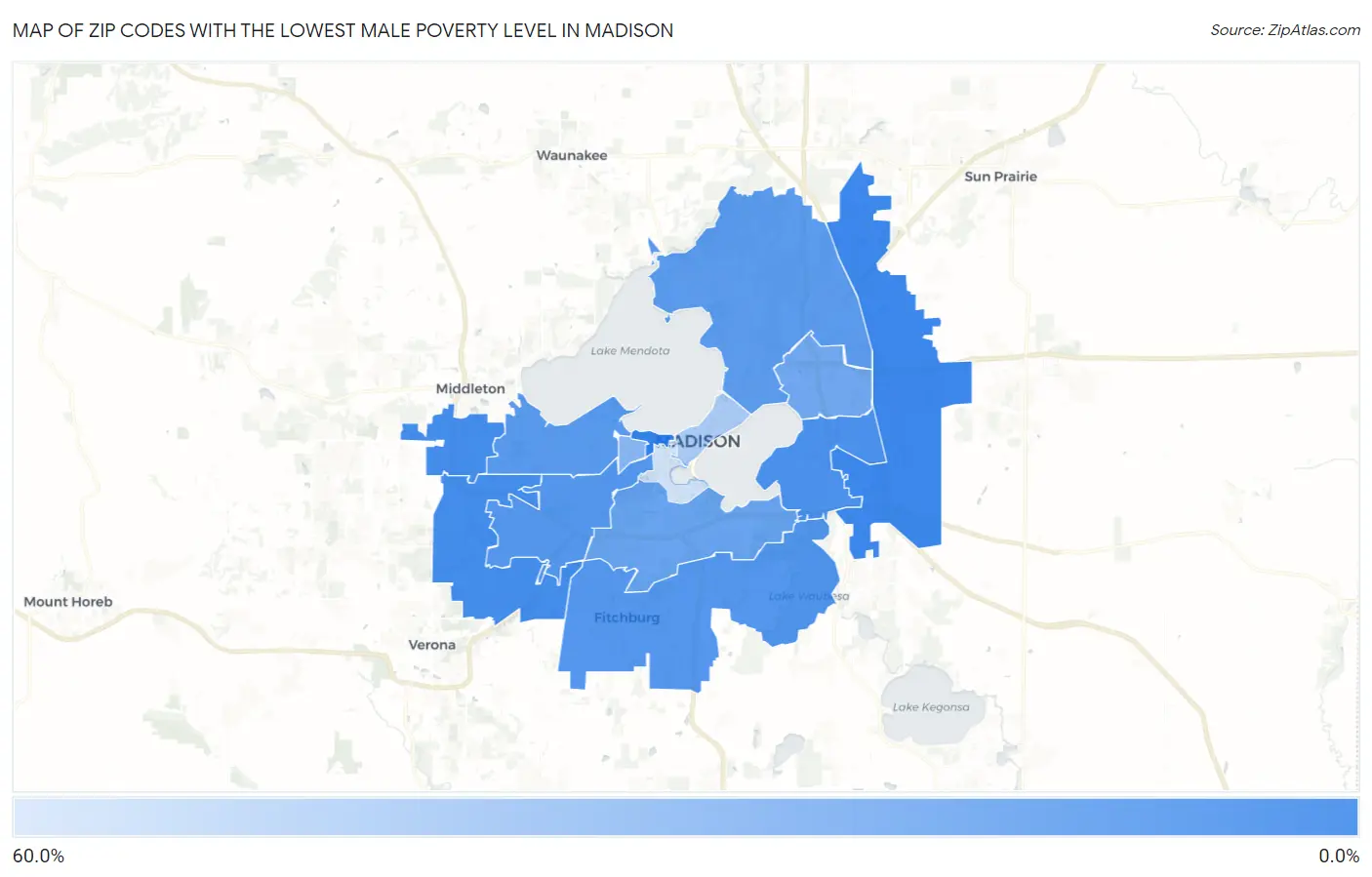 Zip Codes with the Lowest Male Poverty Level in Madison Map