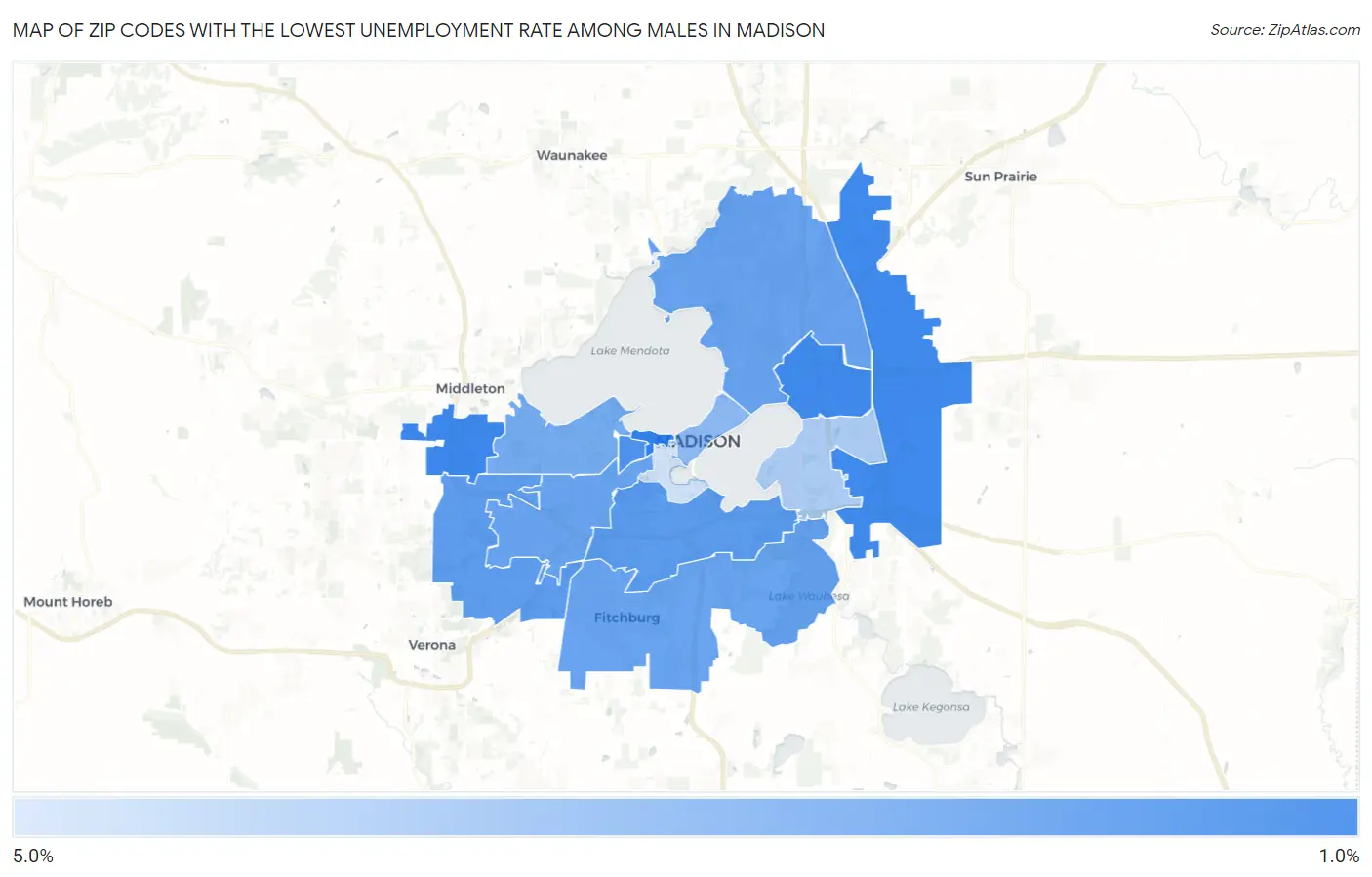 Zip Codes with the Lowest Unemployment Rate Among Males in Madison Map