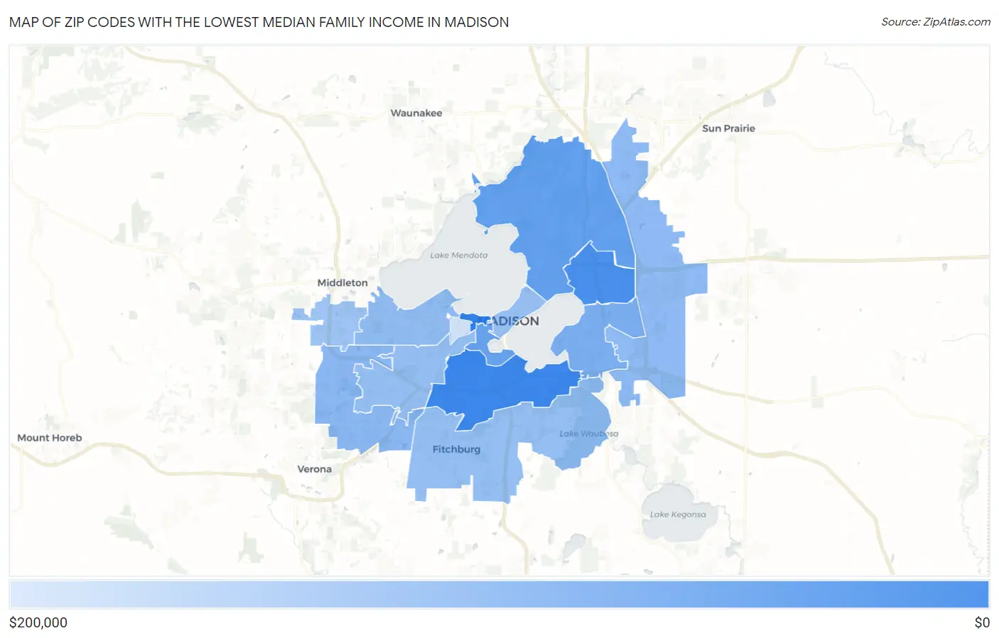 Zip Codes with the Lowest Median Family Income in Madison Map
