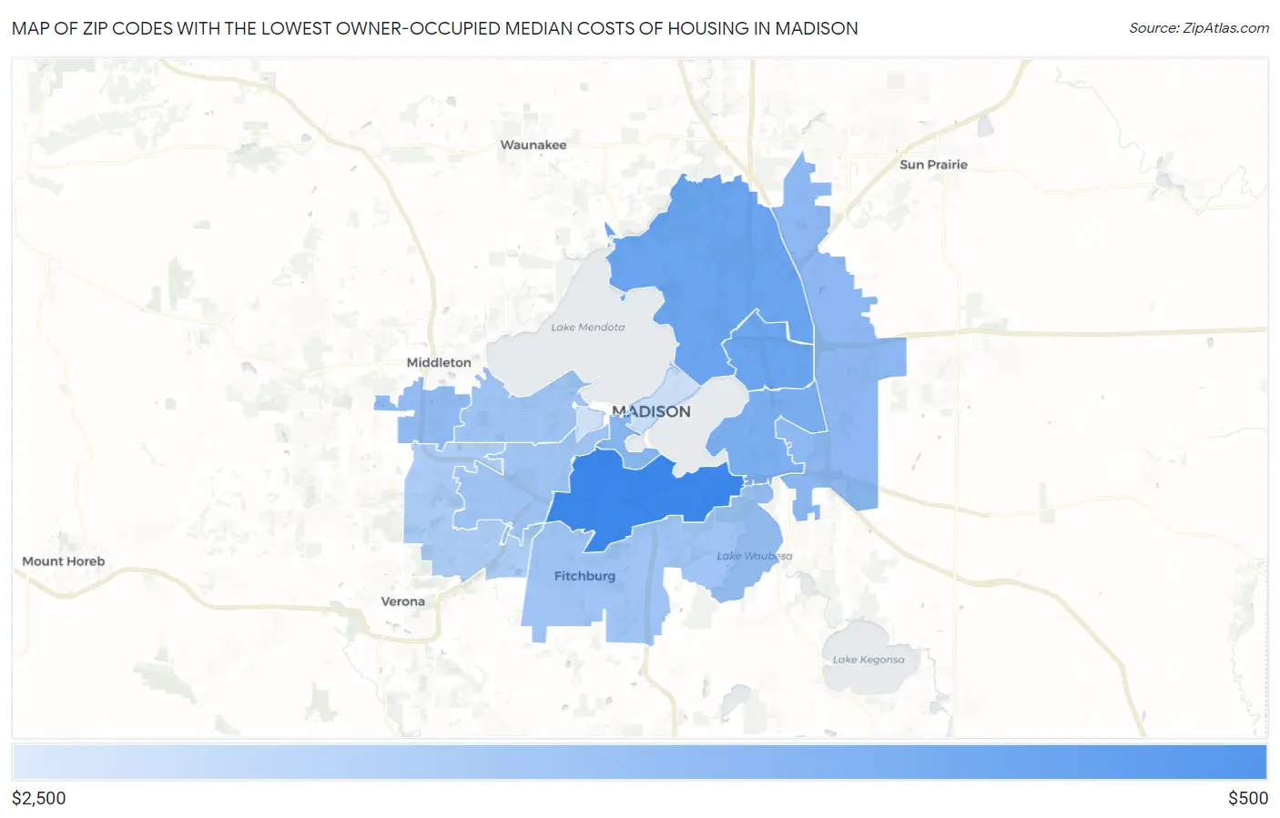 Zip Codes with the Lowest Owner-Occupied Median Costs of Housing in Madison Map