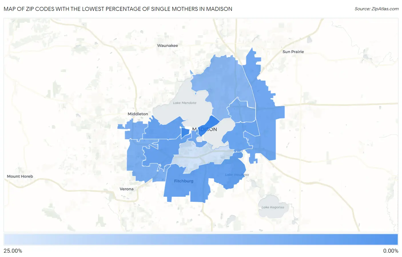 Zip Codes with the Lowest Percentage of Single Mothers in Madison Map