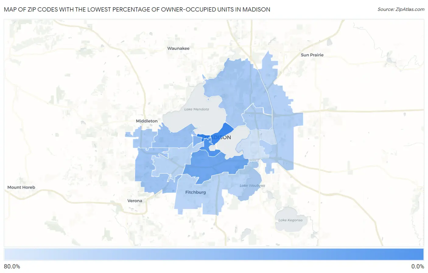 Zip Codes with the Lowest Percentage of Owner-Occupied Units in Madison Map