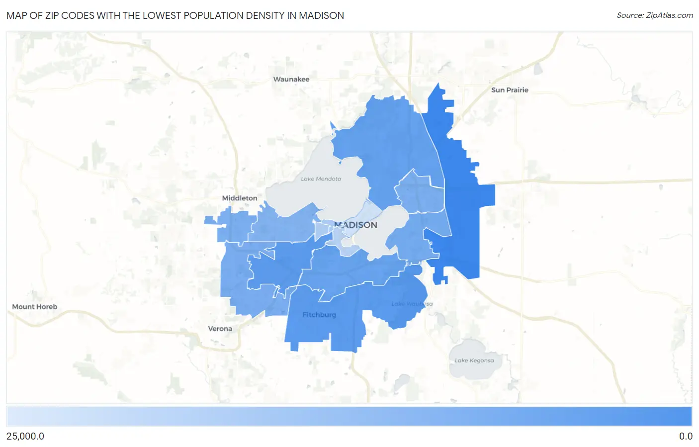 Zip Codes with the Lowest Population Density in Madison Map