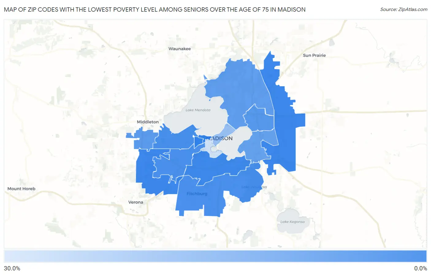 Zip Codes with the Lowest Poverty Level Among Seniors Over the Age of 75 in Madison Map