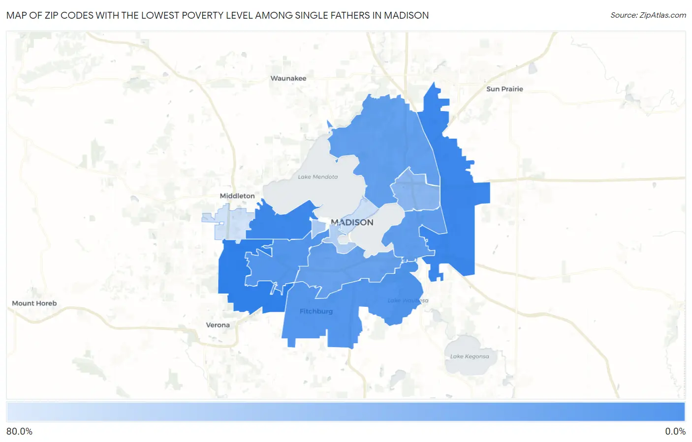Zip Codes with the Lowest Poverty Level Among Single Fathers in Madison Map