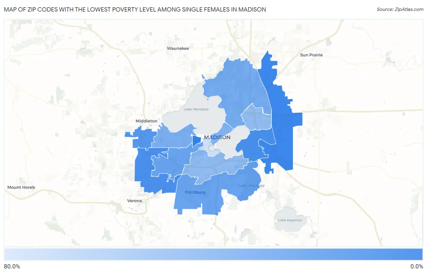Zip Codes with the Lowest Poverty Level Among Single Females in Madison Map