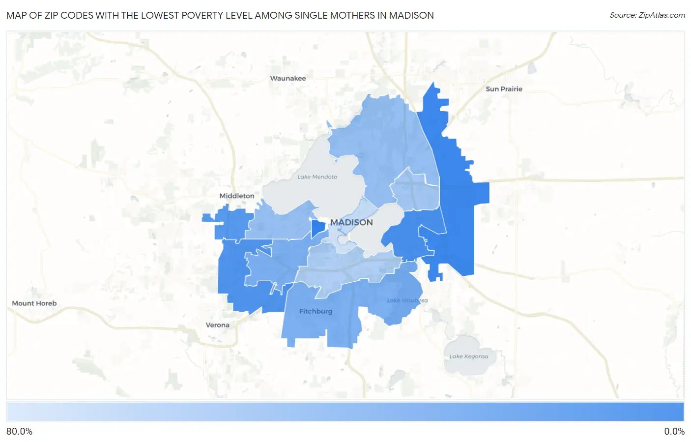 Zip Codes with the Lowest Poverty Level Among Single Mothers in Madison Map