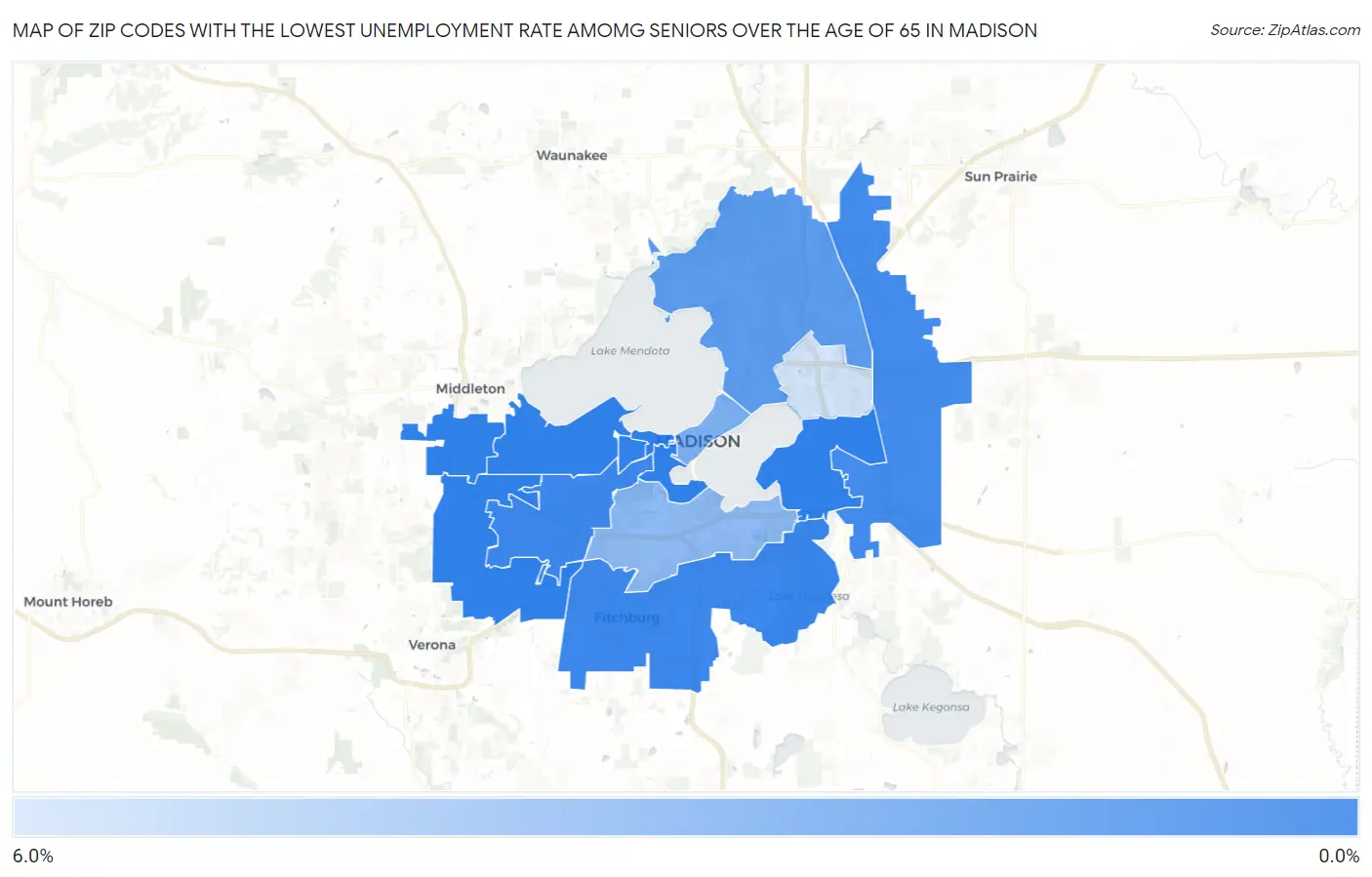 Zip Codes with the Lowest Unemployment Rate Amomg Seniors Over the Age of 65 in Madison Map
