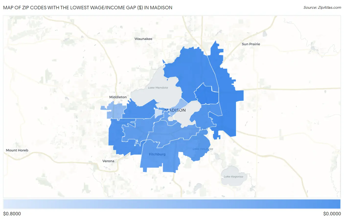 Zip Codes with the Lowest Wage/Income Gap ($) in Madison Map
