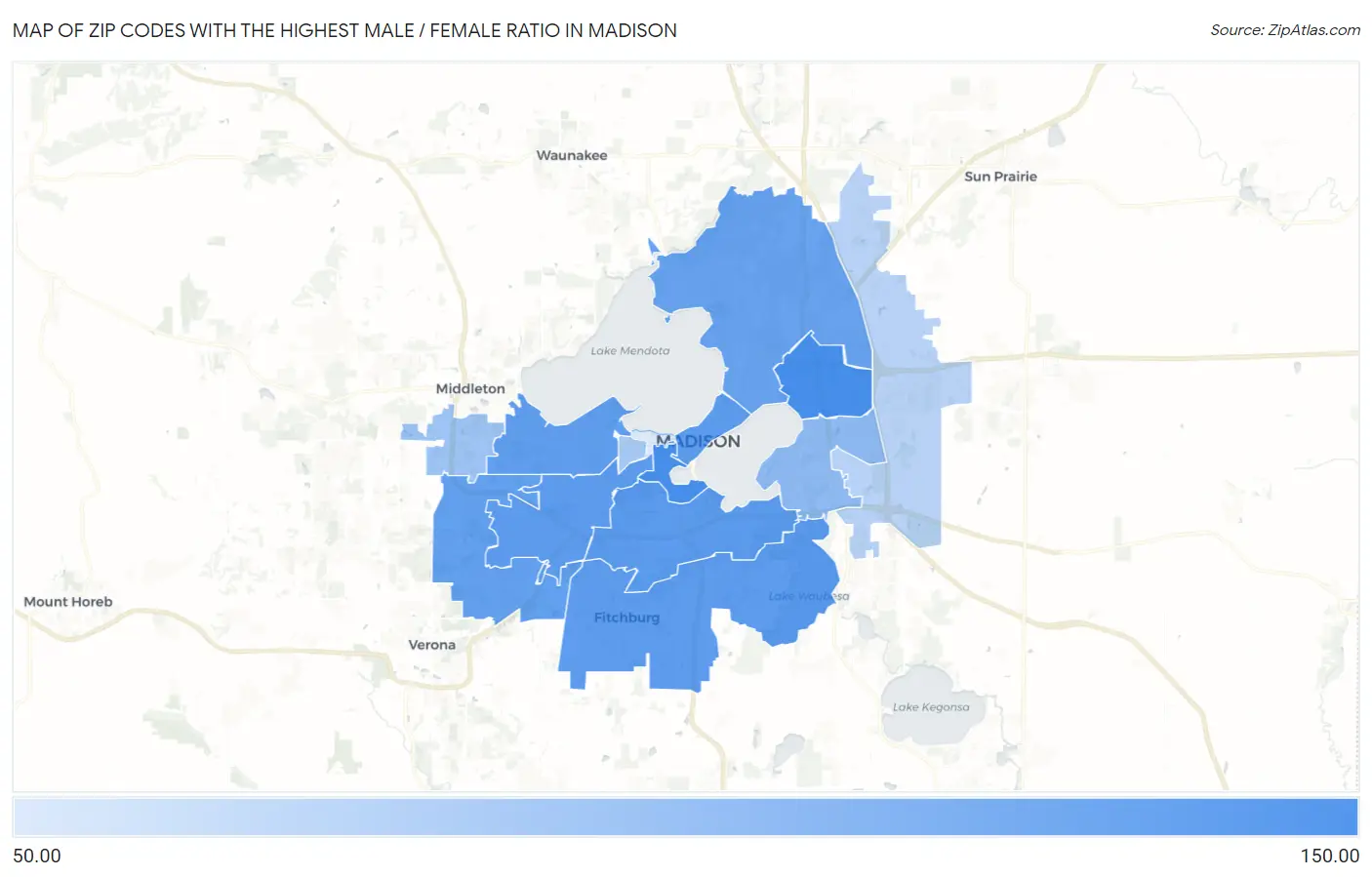 Zip Codes with the Highest Male / Female Ratio in Madison Map