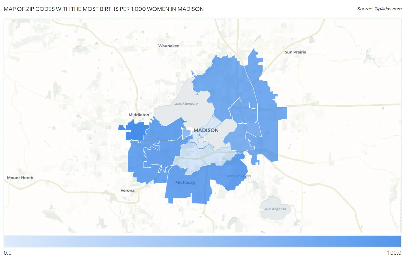 Zip Codes with the Most Births per 1,000 Women in Madison Map