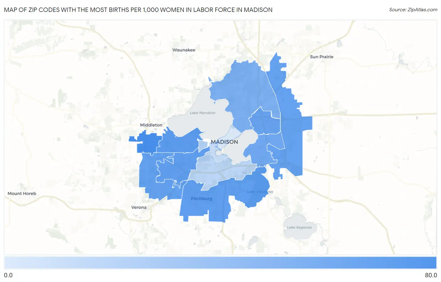 Zip Codes with the Most Births per 1,000 Women in Labor Force in Madison Map