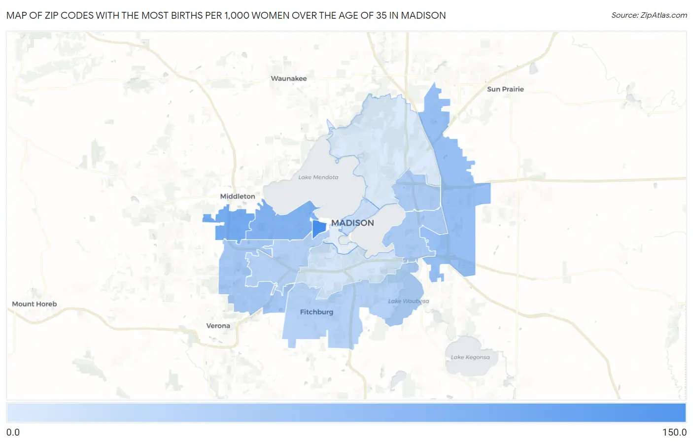 Zip Codes with the Most Births per 1,000 Women Over the Age of 35 in Madison Map