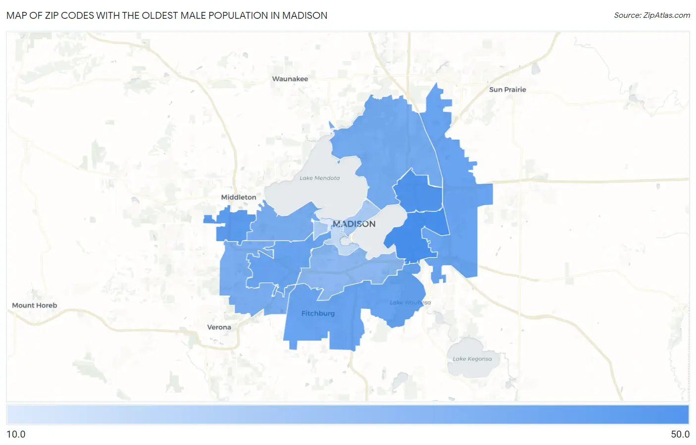 Zip Codes with the Oldest Male Population in Madison Map