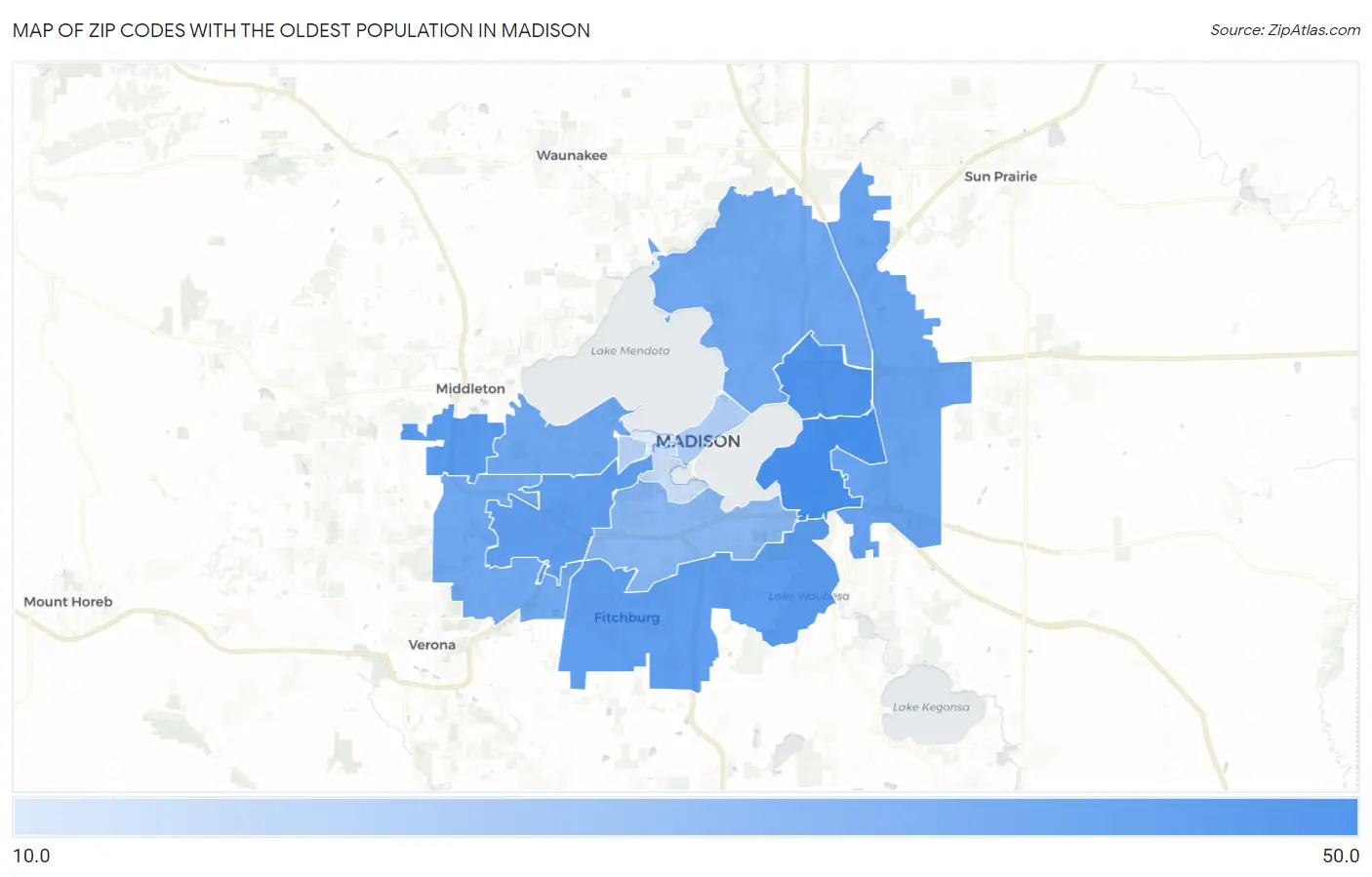 Zip Codes with the Oldest Population in Madison Map