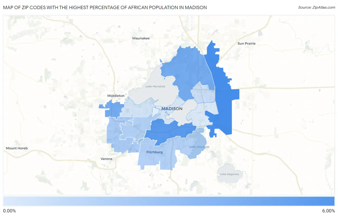Zip Codes with the Highest Percentage of African Population in Madison Map