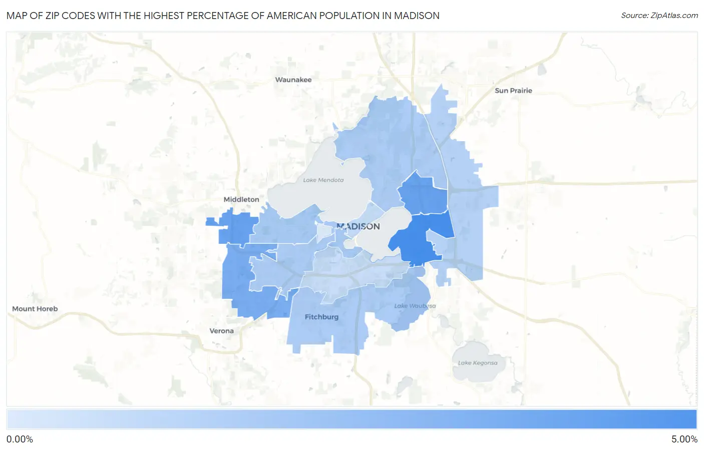Zip Codes with the Highest Percentage of American Population in Madison Map