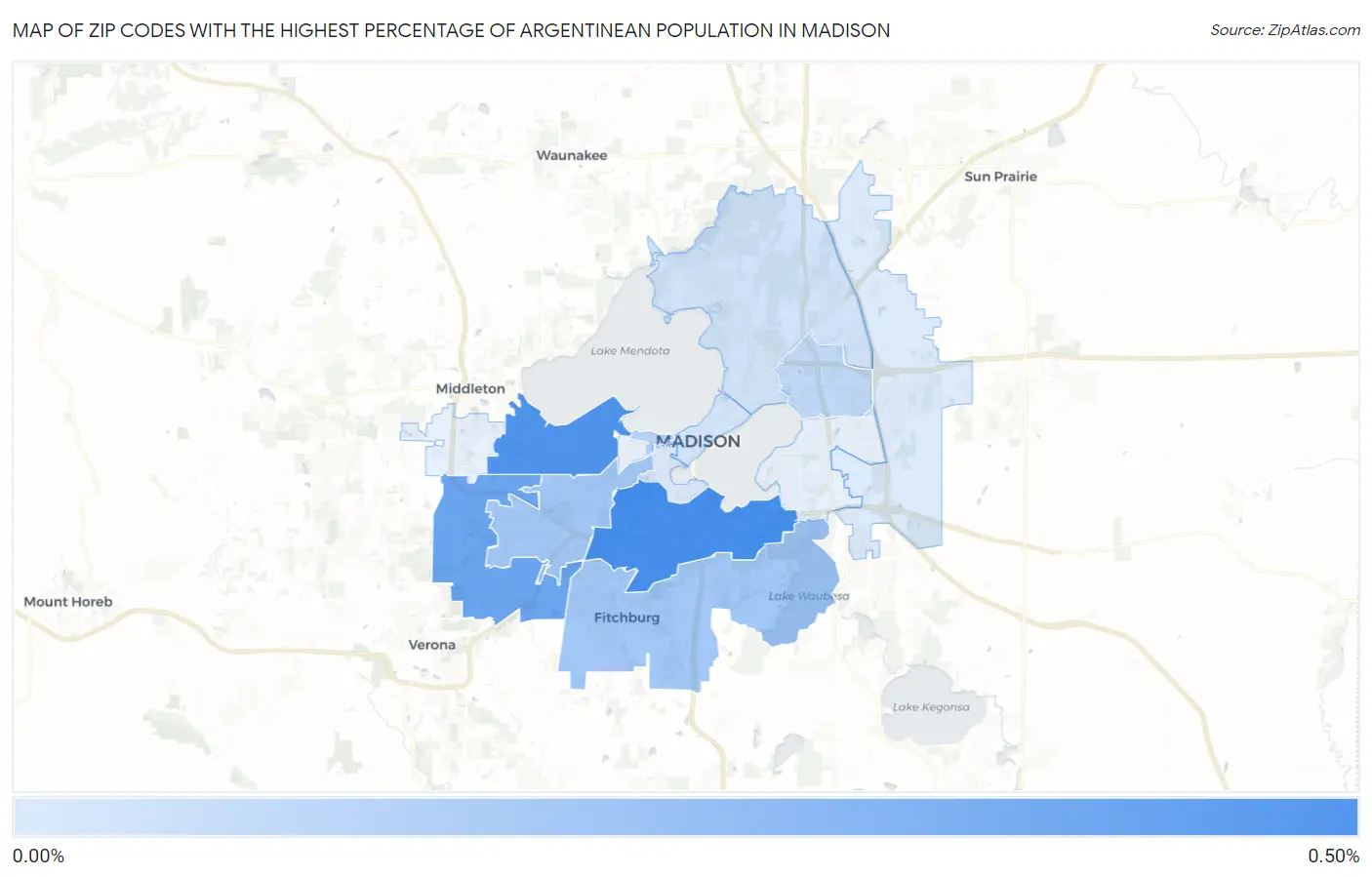 Zip Codes with the Highest Percentage of Argentinean Population in Madison Map