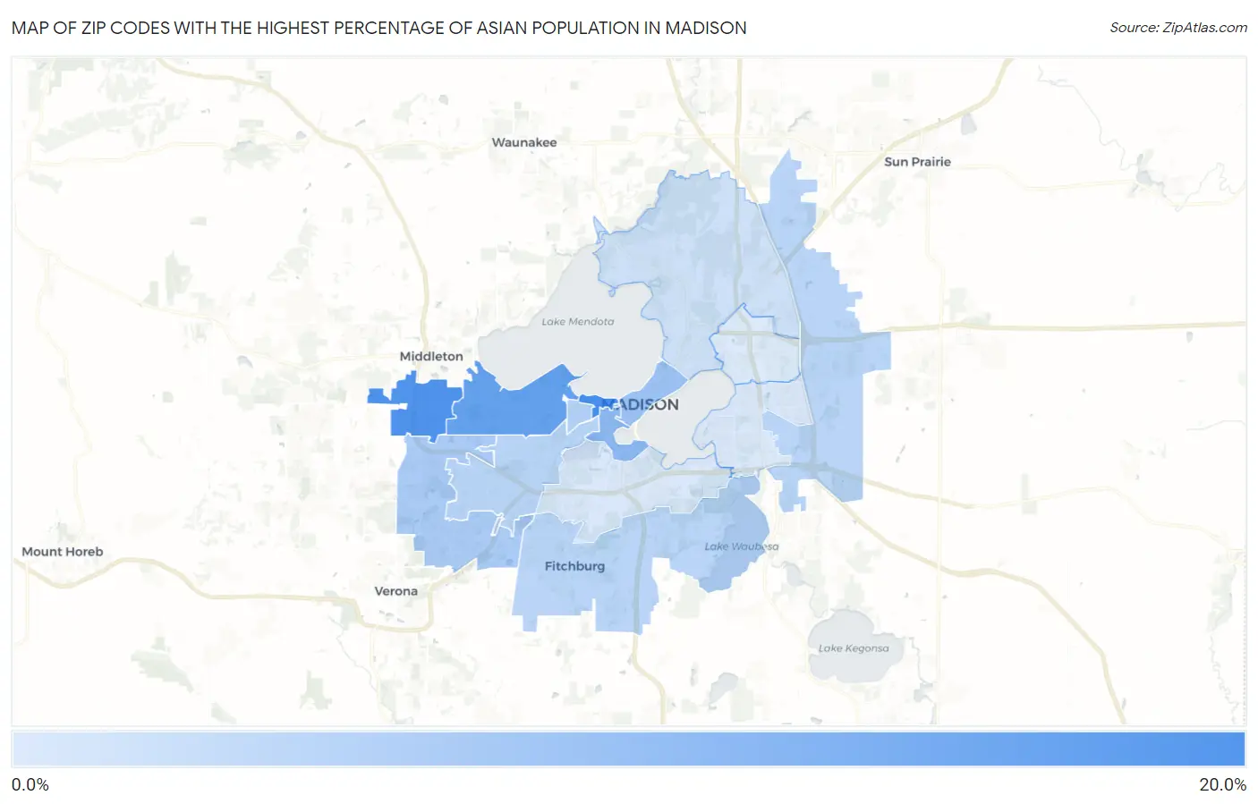 Zip Codes with the Highest Percentage of Asian Population in Madison Map