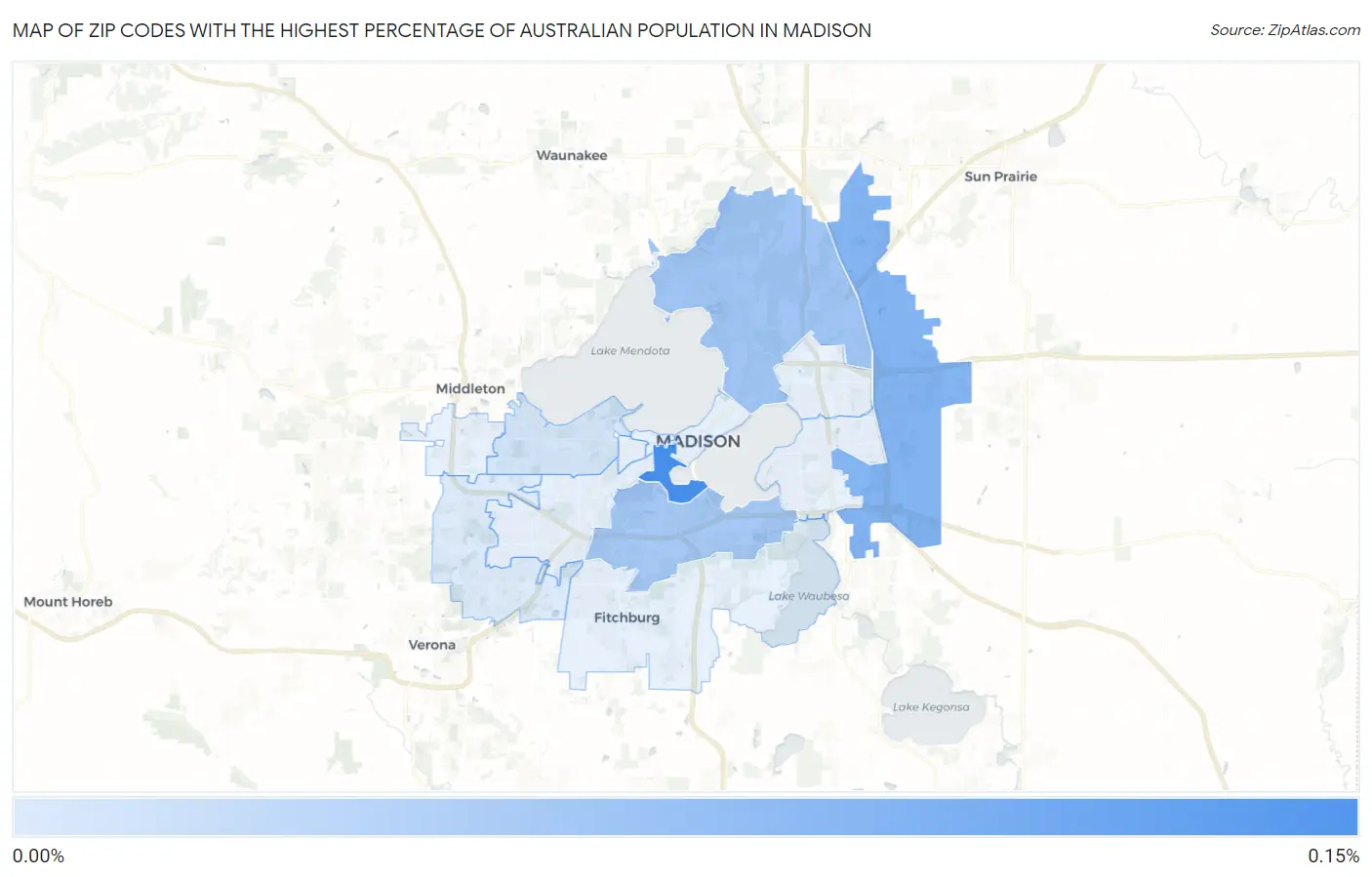Zip Codes with the Highest Percentage of Australian Population in Madison Map