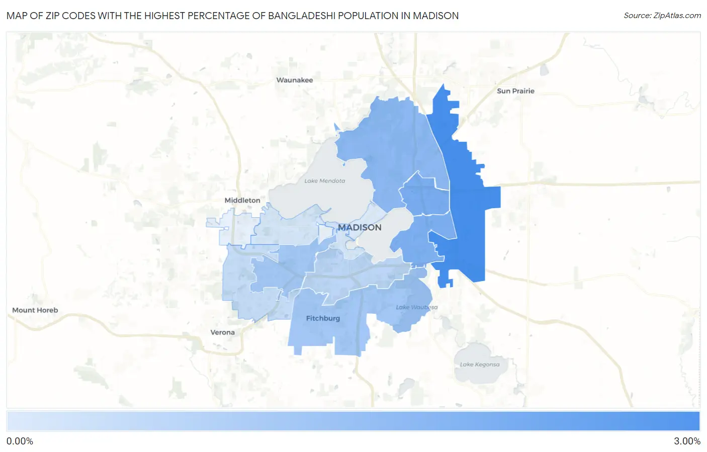 Zip Codes with the Highest Percentage of Bangladeshi Population in Madison Map