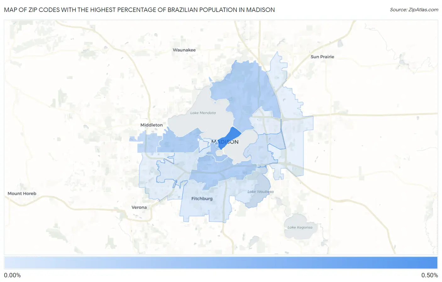 Zip Codes with the Highest Percentage of Brazilian Population in Madison Map