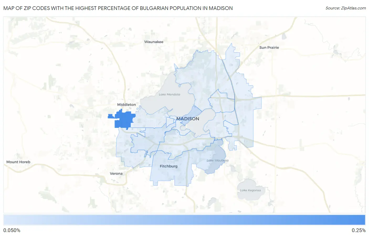 Zip Codes with the Highest Percentage of Bulgarian Population in Madison Map