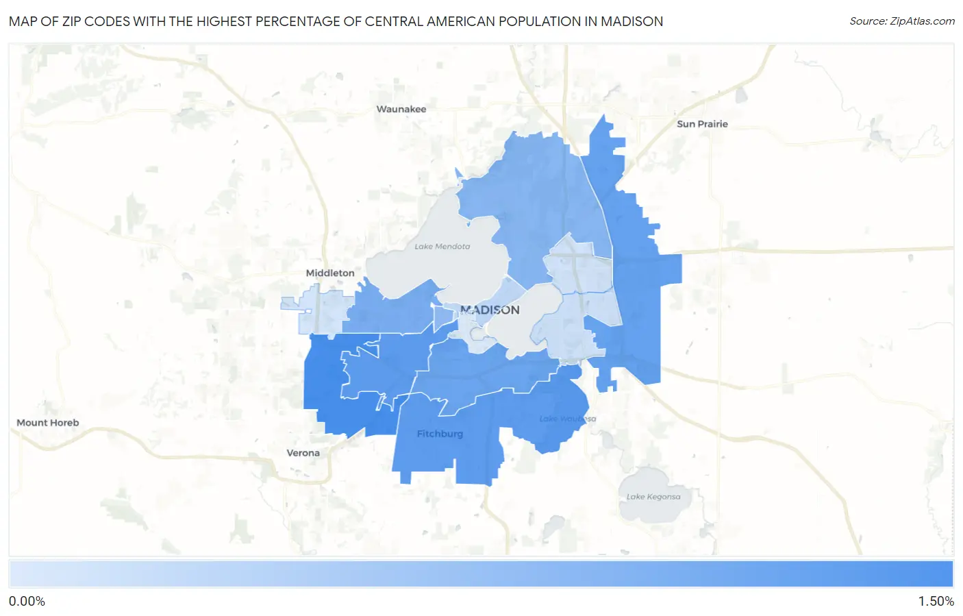 Zip Codes with the Highest Percentage of Central American Population in Madison Map