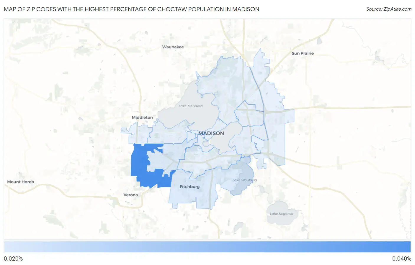 Zip Codes with the Highest Percentage of Choctaw Population in Madison Map