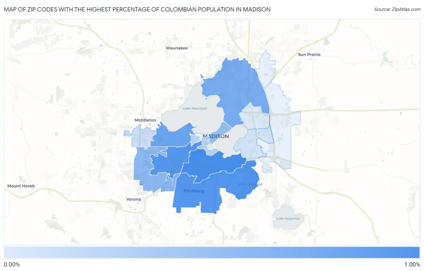 Zip Codes with the Highest Percentage of Colombian Population in Madison Map