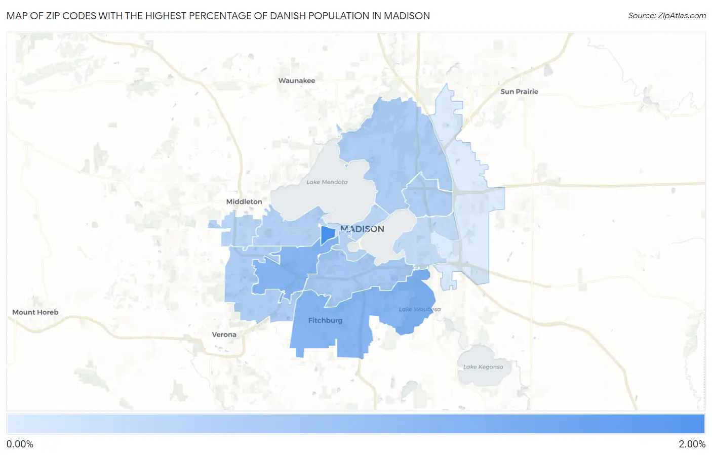 Zip Codes with the Highest Percentage of Danish Population in Madison Map