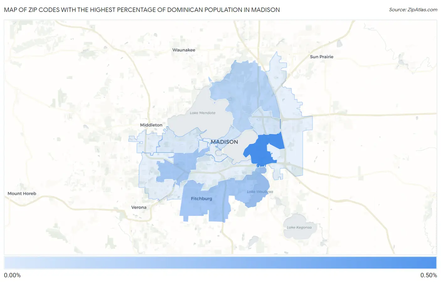 Zip Codes with the Highest Percentage of Dominican Population in Madison Map