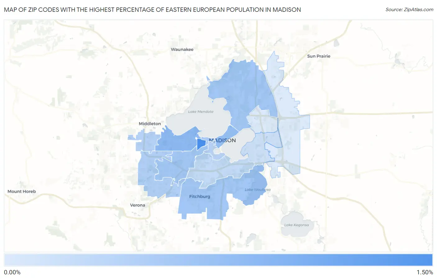 Zip Codes with the Highest Percentage of Eastern European Population in Madison Map