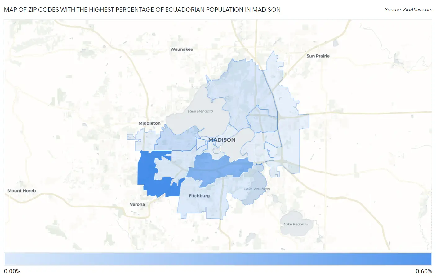 Zip Codes with the Highest Percentage of Ecuadorian Population in Madison Map