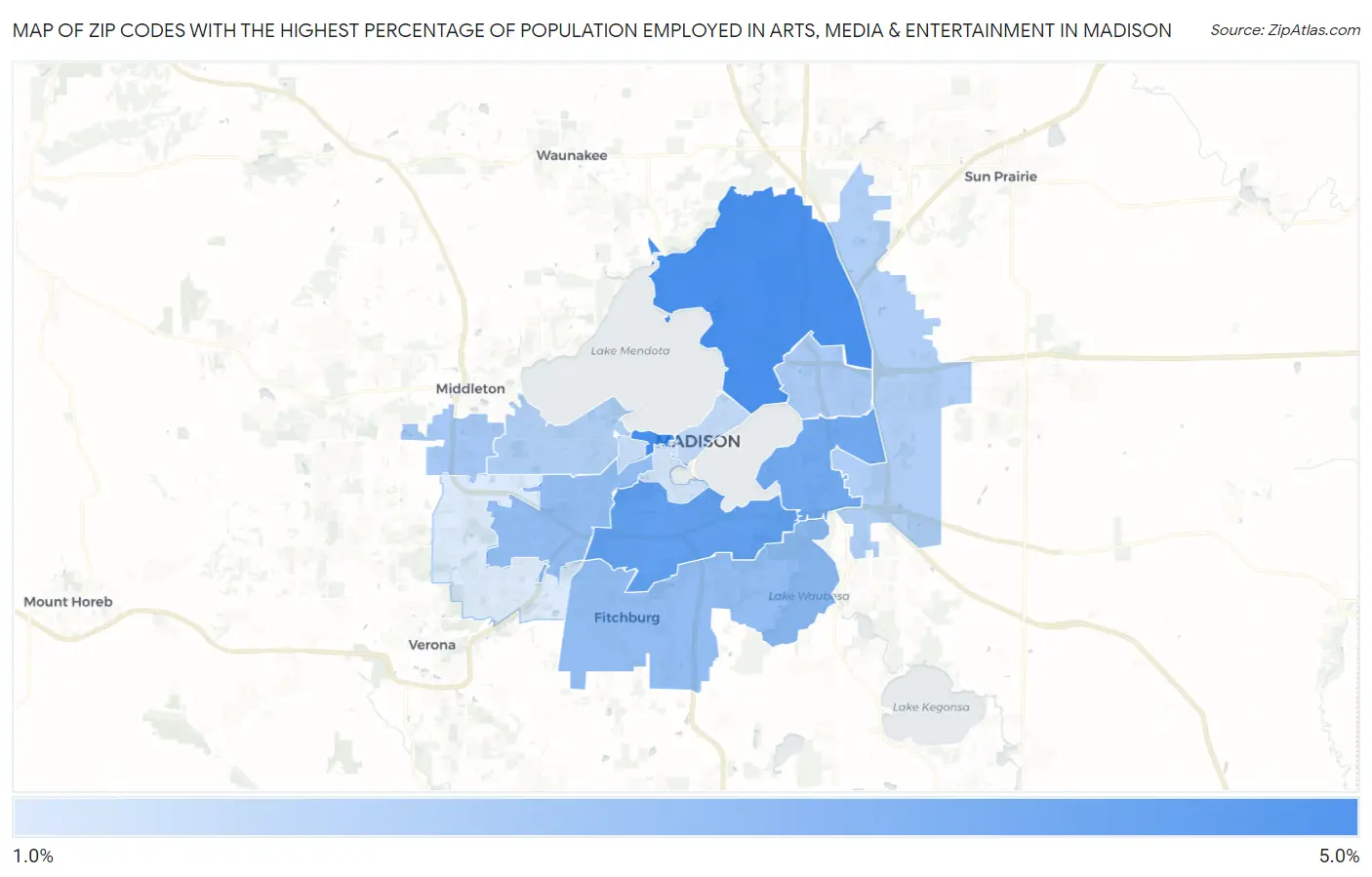 Zip Codes with the Highest Percentage of Population Employed in Arts, Media & Entertainment in Madison Map